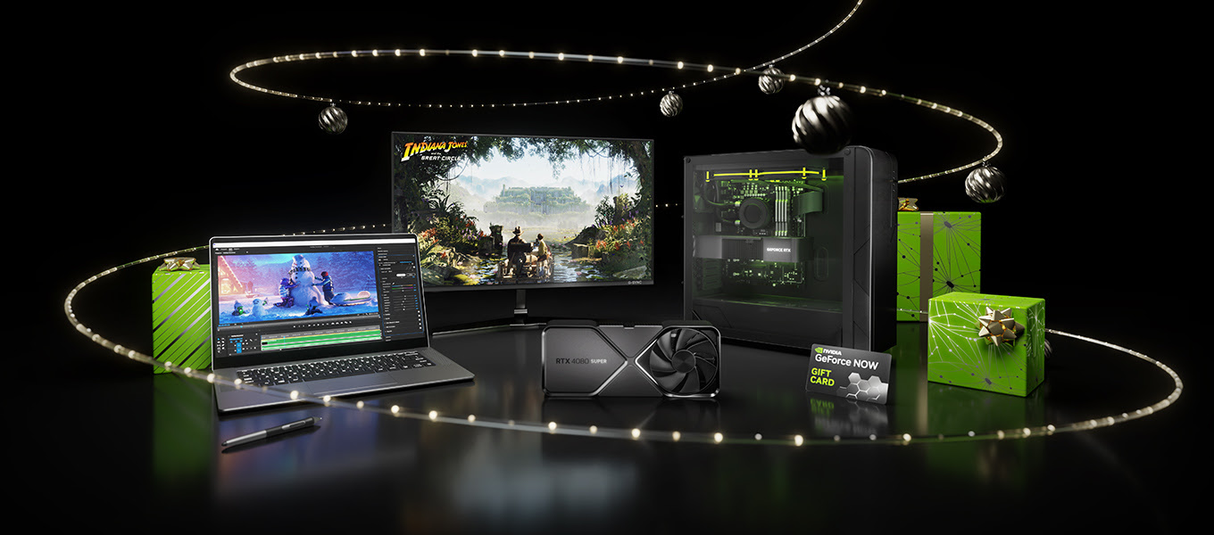 Promoción de GeForce NOW con juegos destacados como Call of Duty: Black Ops 6, Stalker 2 y Dragon Age, presentados en laptops, televisores y dispositivos NVIDIA, acompañados de decoración navideña.