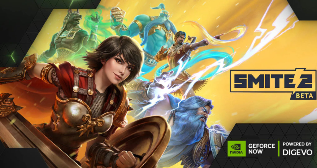 Jueves de GeForce NOWde SMITE 2 Beta. Muestra a un personaje heroico en armadura con una espada, junto a dioses míticos como Zeus y Anubis, con efectos vibrantes en amarillo y rayos. Incluye los logotipos de GeForce NOW y DIGEVO."