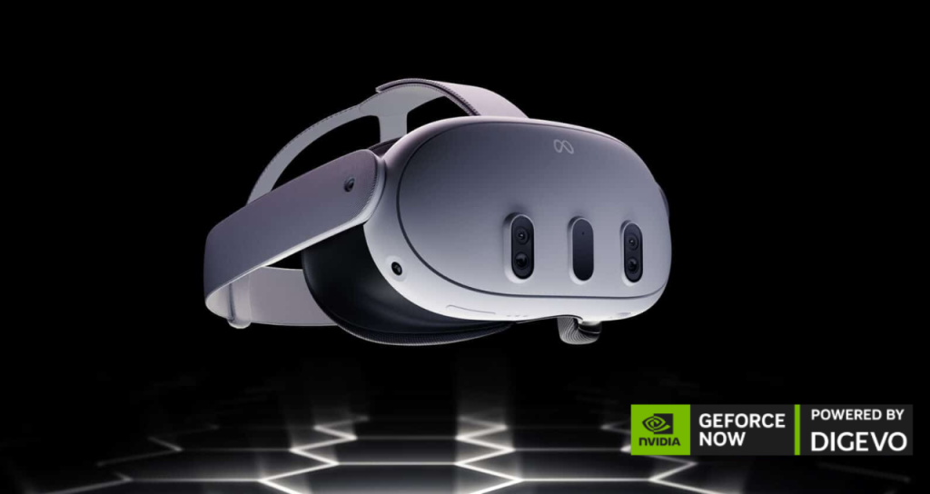 Visor de realidad virtual Meta Quest 3 con soporte para GeForce NOW, destacando su integración con juegos en la nube de NVIDIA