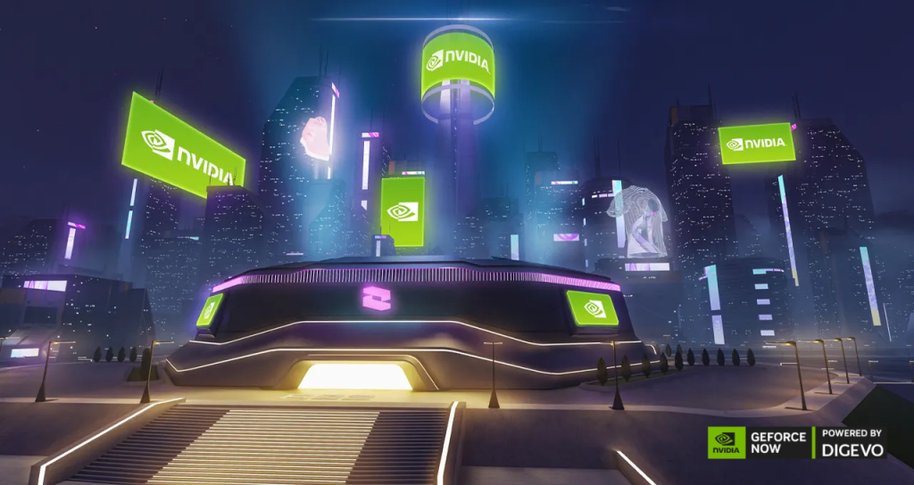 Estadio virtual NVIDIA en el CES 2025, experiencia de gaming en la nube con GeForce NOW.