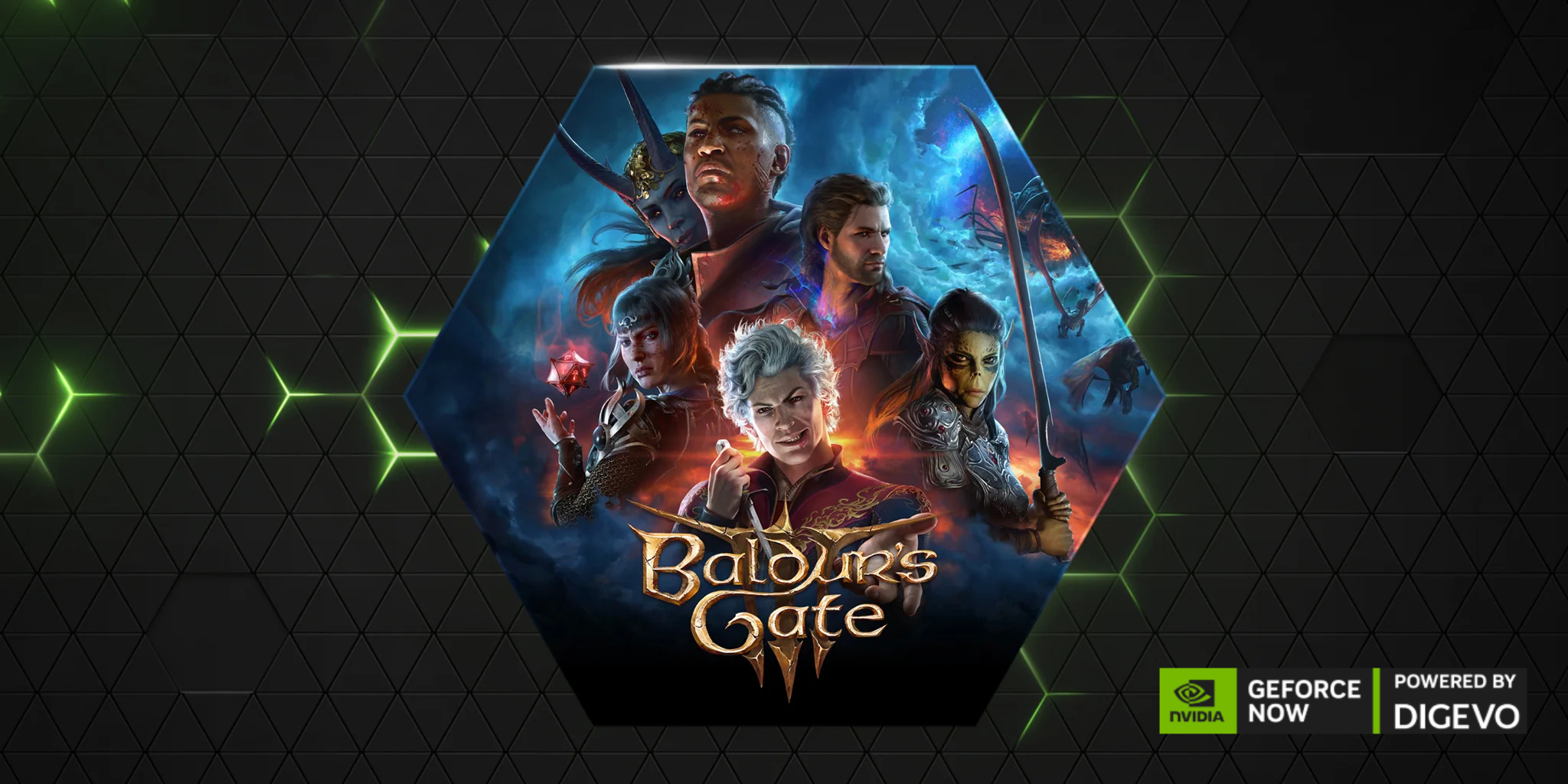 Jueves de GeForce NOW Arte promocional de Baldur's Gate 3 con personajes principales, destacando la colaboración con GeForce NOW y DIGEVO.